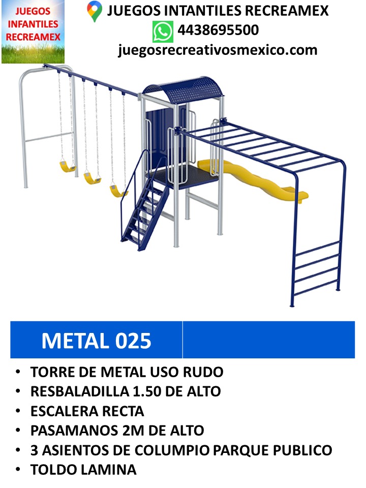 modulo de metal para uso rudo con resbaladilla, escalera recta, pasamanos, toldo de lamina y columpios